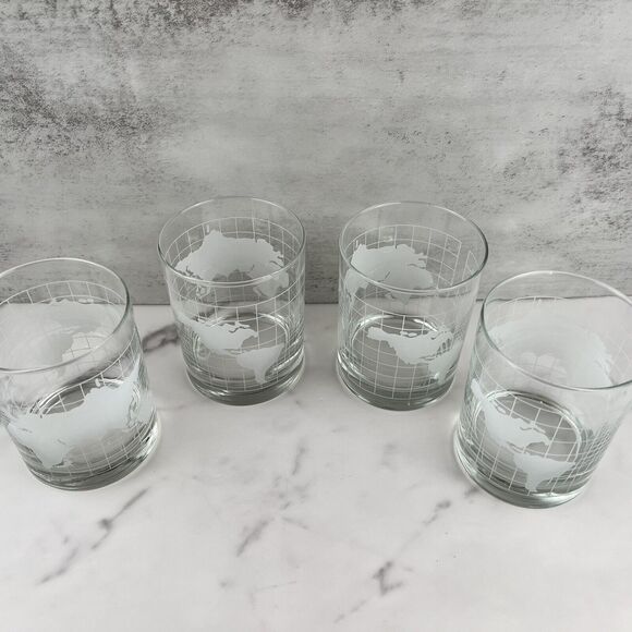70's Glass Clear w Frosted World Map Globe Double Old Fashioned Tumblers Vintage - Picture 4 of 11